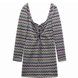 Zara Metallic Geometric Mini Dress Lace Up Green Purple Sz S NWT